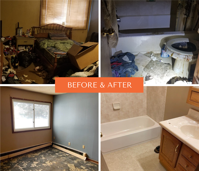 before and after photos of a bedroom and bathroom  that suffered from hoarding
