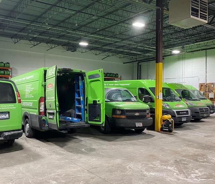 SERVPRO vans in the warehouse